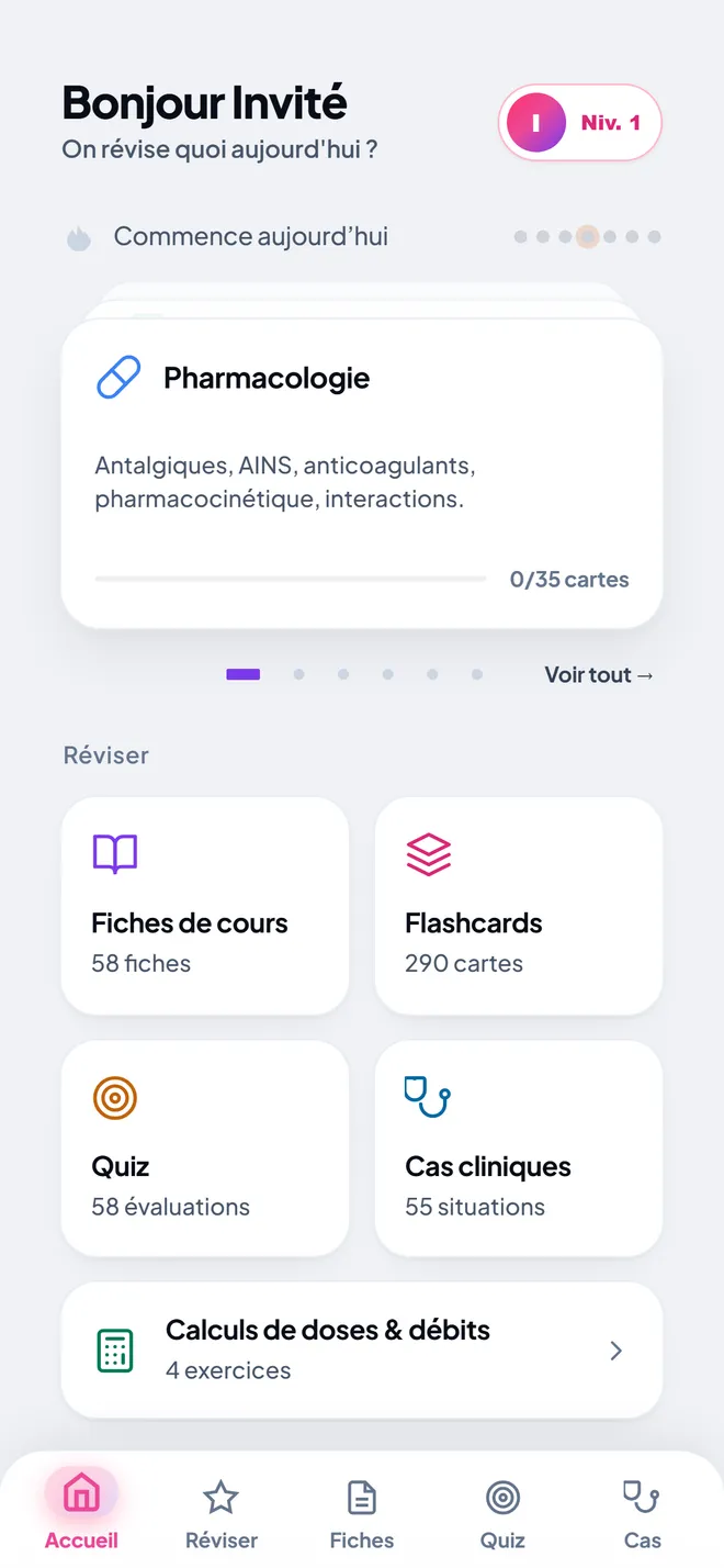 L'accueil de l'app : fiches, flashcards, quiz, cas cliniques et calculs de doses