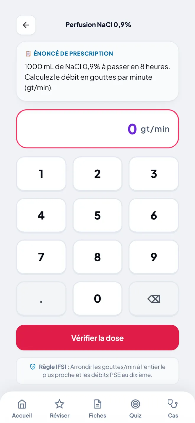Un calcul de débit : perfusion de NaCl 0,9 %, avec le clavier de saisie