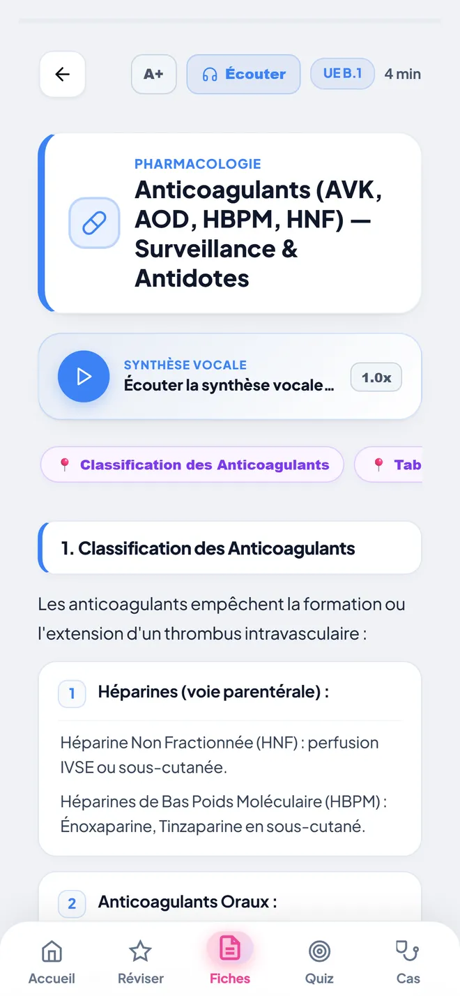 Une fiche de cours : les anticoagulants, avec la synthèse vocale